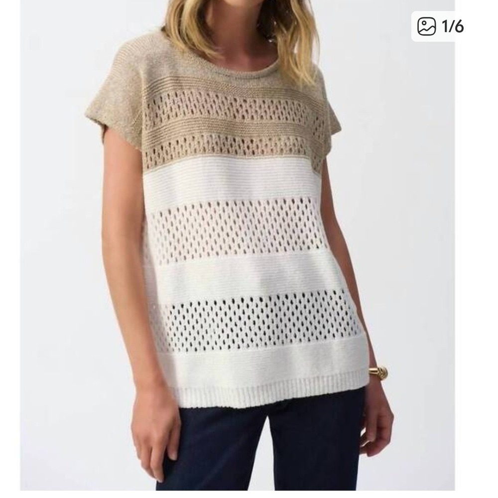 Joseph Ribkoff Metallic Colorblock Sweater Knit Pullover White Gold 251927 S